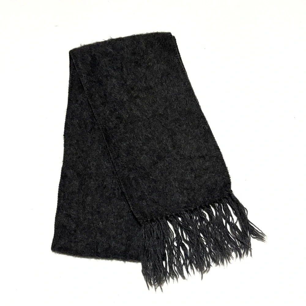 Alpaca Wool Scarf Unisex OS Charcoal Grey Fringed Solid Soft Luxury Gorpcore